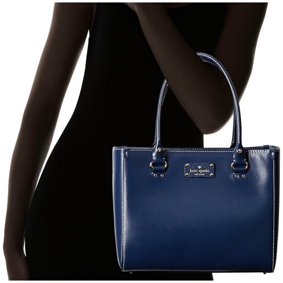 Kate Spade Navy Blue Wellesley Quinn Classic Leather Tote Handbag Office - Picture 1 of 14